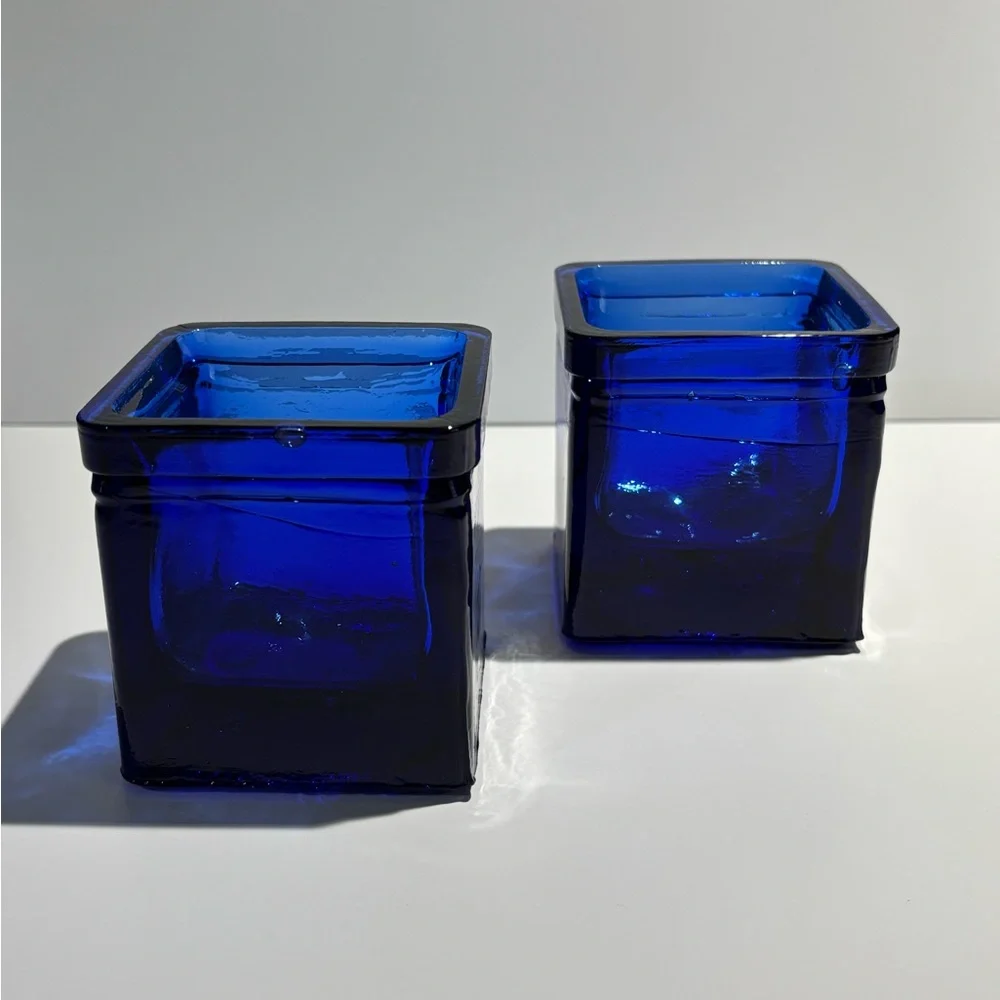 Cobalt Blue Glass Votive Candle Holders Hand Blown Spain Set of 2